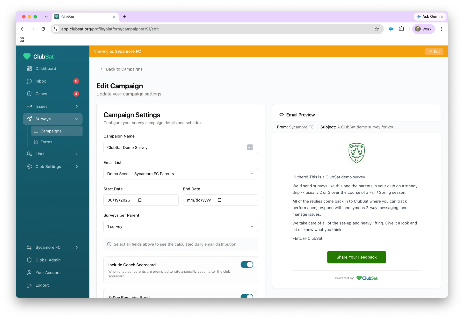 ClubSat campaign editor with email preview showing a Sycamore FC demo survey